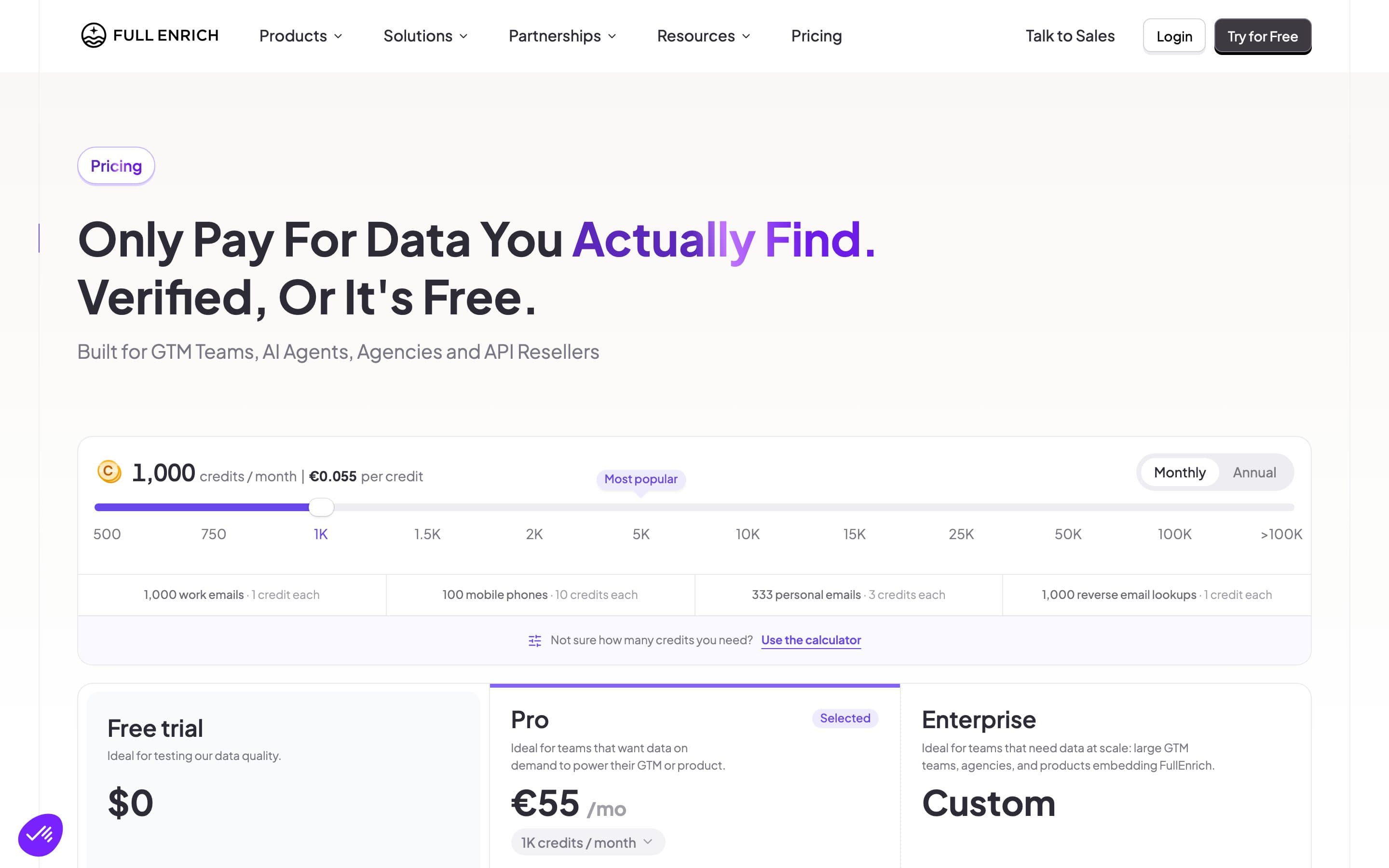 FullEnrich pricing page starting at USD 55
per month