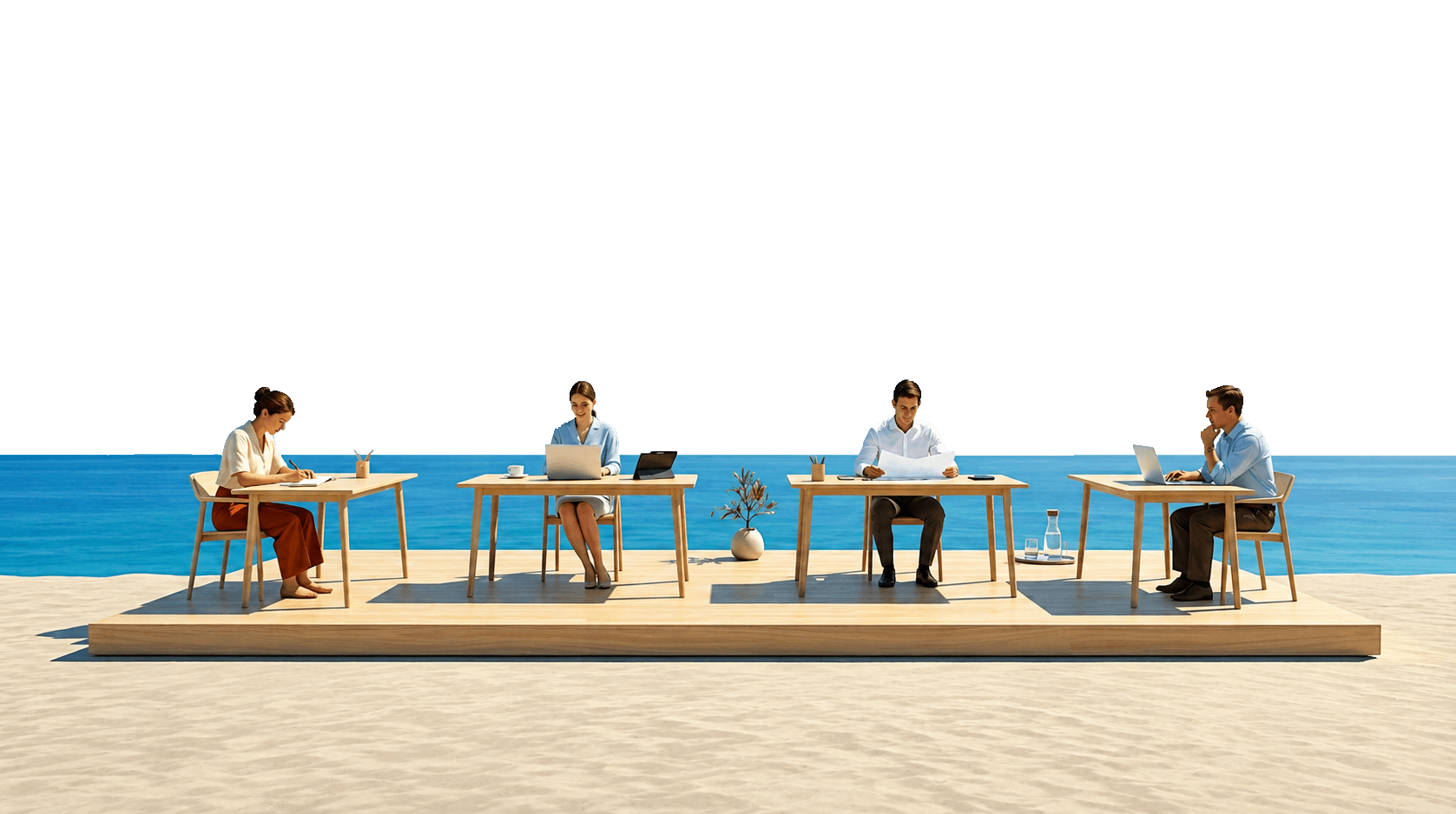 A team working quietly together at a long table